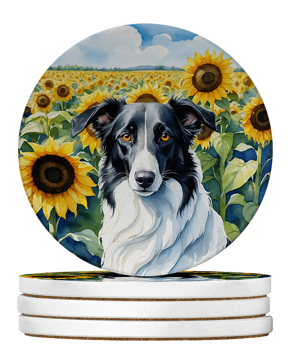 Borzoi in Sunflowers Large Sandstone Coasters Pack of 4 Absorbent Round Coasters Decor Gifts for Men or Women, 4 in, Multicolor