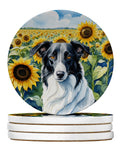 Borzoi in Sunflowers Large Sandstone Coasters Pack of 4 Absorbent Round Coasters Decor Gifts for Men or Women, 4 in, Multicolor