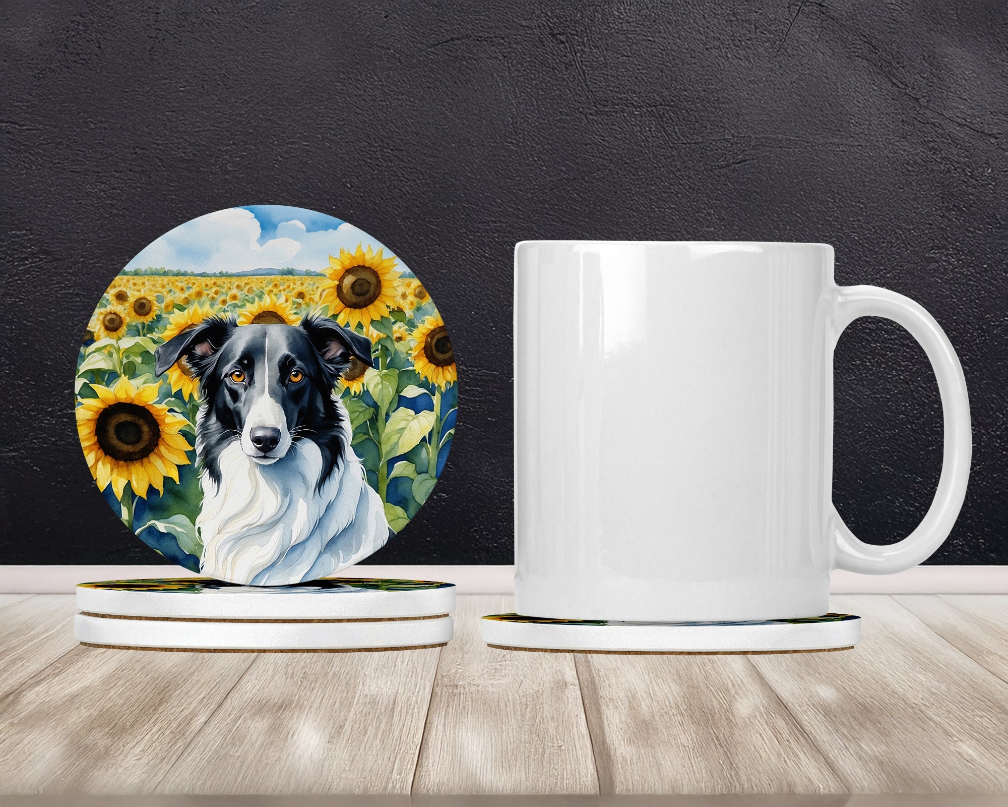Borzoi in Sunflowers Large Sandstone Coasters Pack of 4 Absorbent Round Coasters Decor Gifts for Men or Women, 4 in, Multicolor