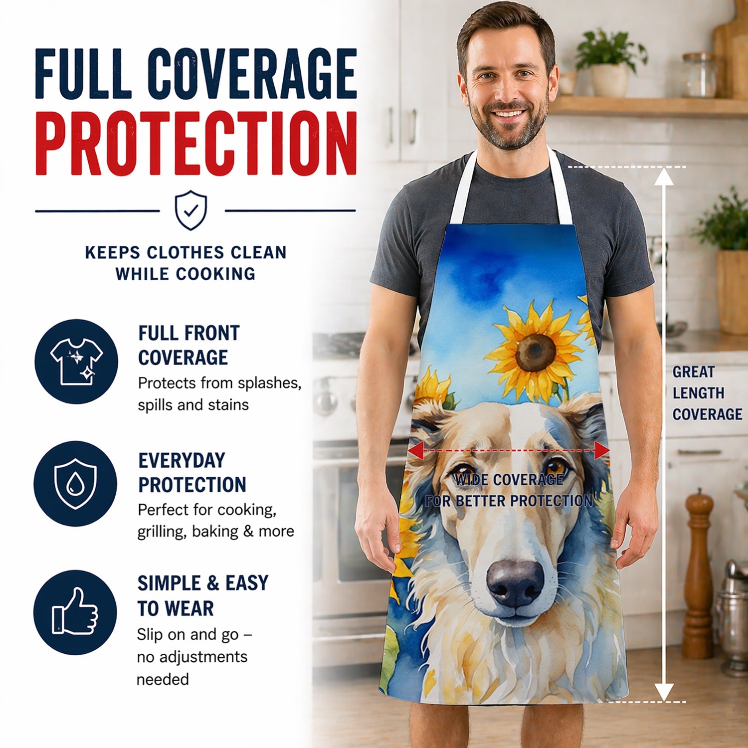 Borzoi in Sunflowers Apron Cooking Kitchen Server Baking Crafts Gardening for Adult Women Men, Unisex, Large, Multicolor