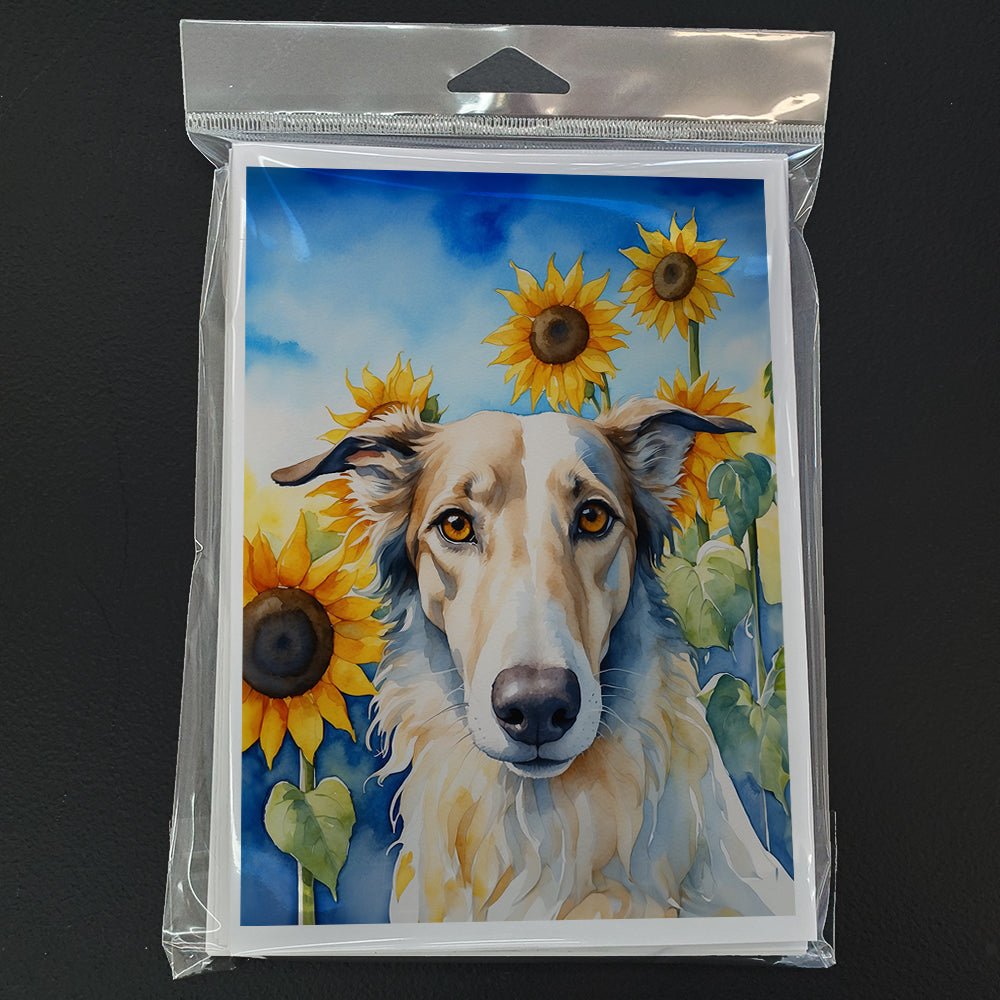 Borzoi in Sunflowers Greeting Cards Pack of 8 Blank Cards with Envelopes Whimsical A7 Size 5x7
