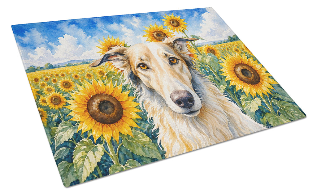 Borzoi in Sunflowers Cutting Board Tempered Glass Kitchen Cutting Surface, Heat Resistant Chopping Board with Non-Slip Feet, Decorative Food Prep & Serving