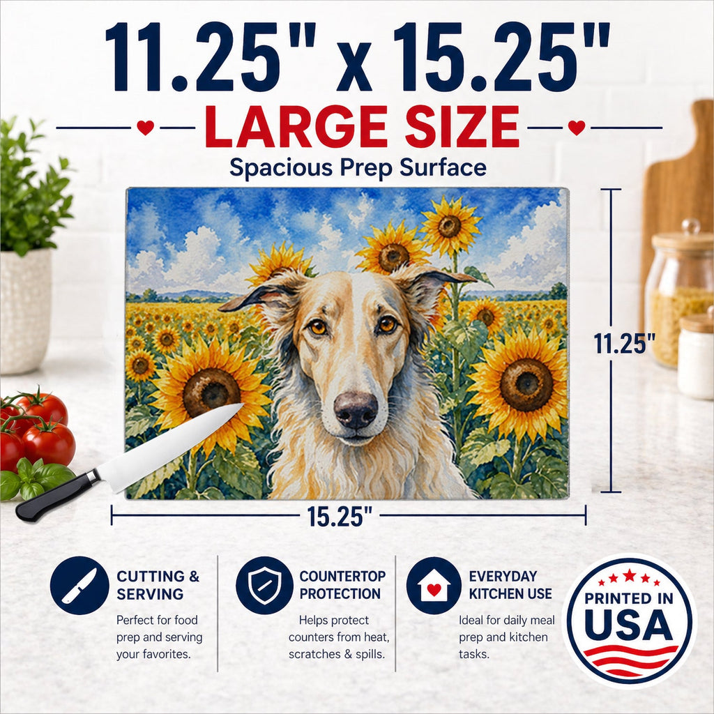 Borzoi in Sunflowers Cutting Board Tempered Glass Kitchen Cutting Surface, Heat Resistant Chopping Board with Non-Slip Feet, Decorative Food Prep & Serving