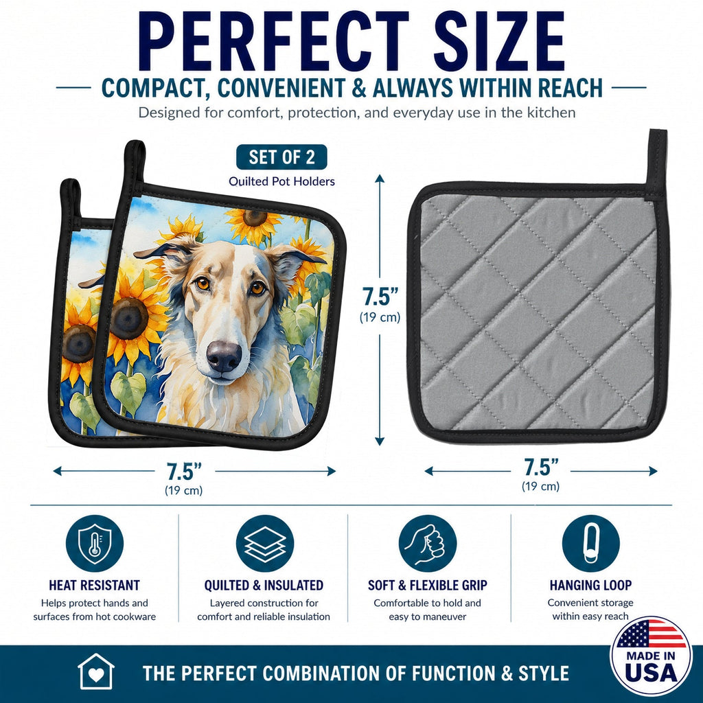 Borzoi in Sunflowers Pot Holder Set of 2 Heat Resistant Quilted Hot Pads 7.5 x 7.5 Inch, Insulated Kitchen Trivets for Cooking & Baking