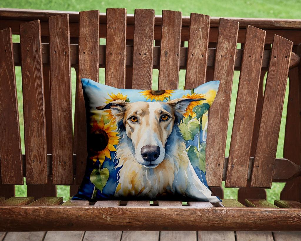 Borzoi in Sunflowers Decorative Throw Pillow 14x14 Indoor Outdoor Accent Cushion, Fabric Cover with Insert for Sofa, Bed, Porch & Living Room