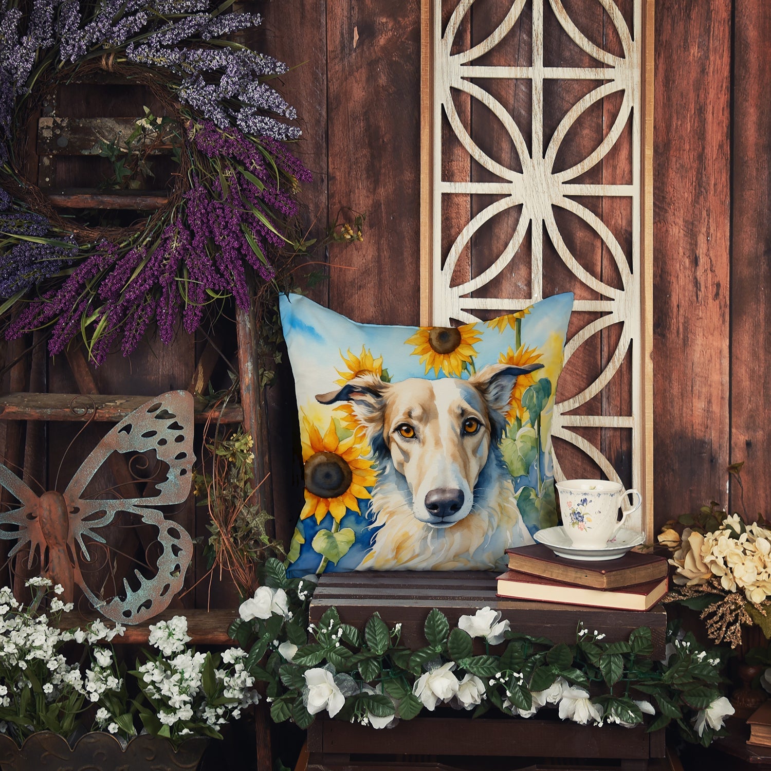 Borzoi in Sunflowers Decorative Throw Pillow 14x14 Indoor Outdoor Accent Cushion, Fabric Cover with Insert for Sofa, Bed, Porch & Living Room