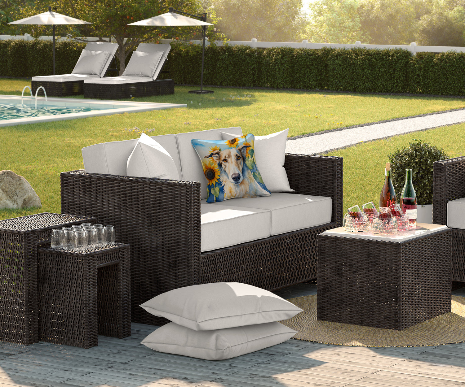 Borzoi in Sunflowers Decorative Throw Pillow 18x18 Indoor Outdoor Accent Cushion, Fabric Cover with Insert for Sofa, Bed, Porch & Living Room