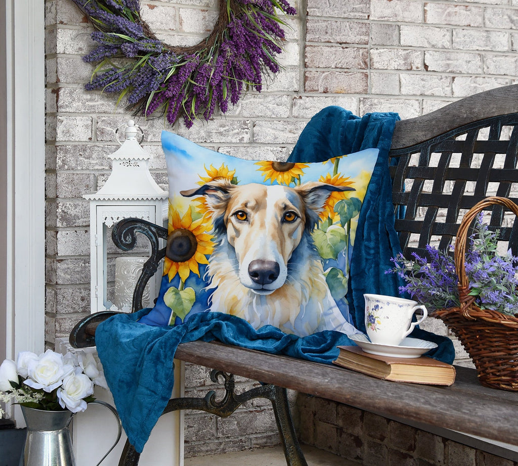 Borzoi in Sunflowers Decorative Throw Pillow 18x18 Indoor Outdoor Accent Cushion, Fabric Cover with Insert for Sofa, Bed, Porch & Living Room