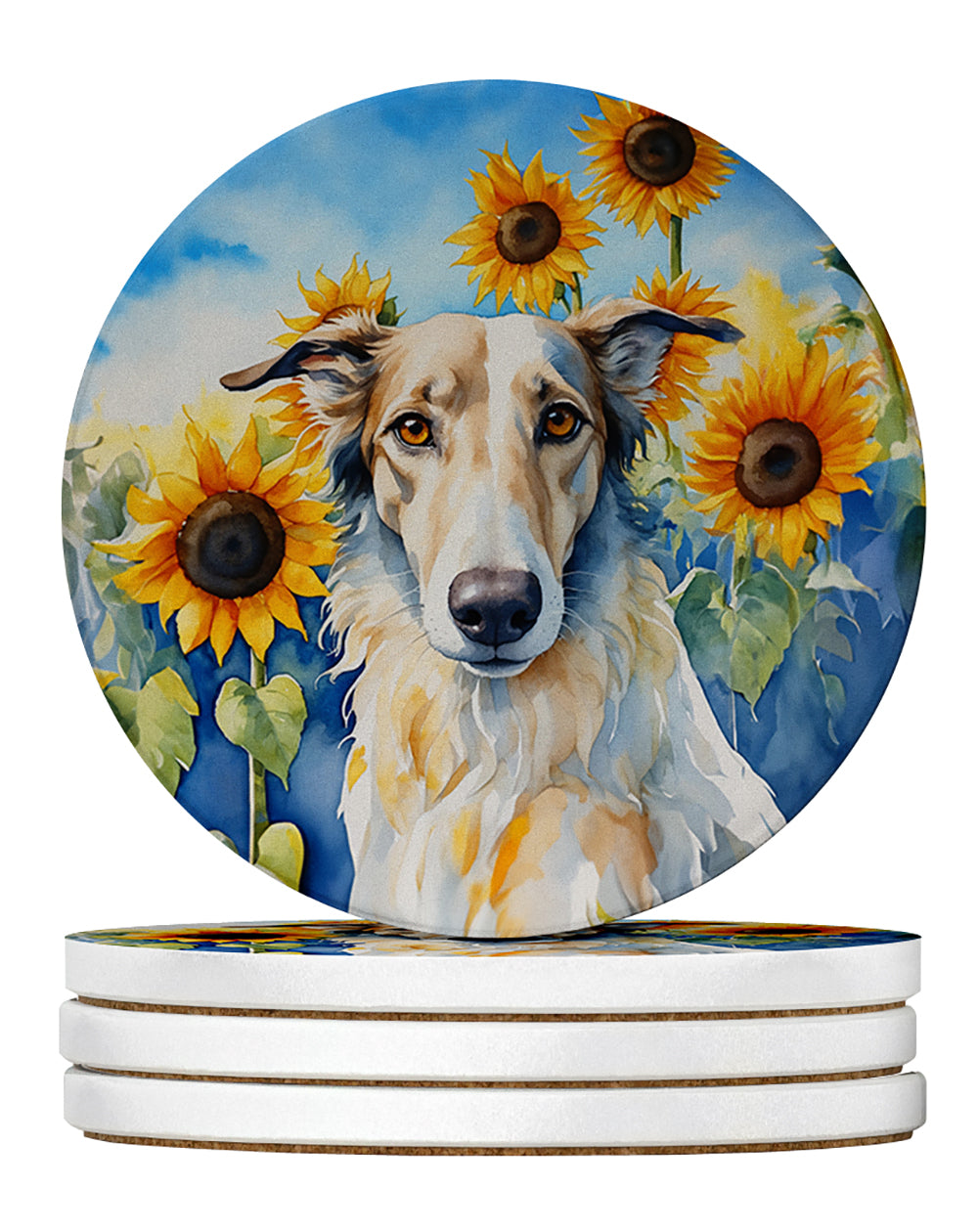 Borzoi in Sunflowers Large Sandstone Coasters Pack of 4 Absorbent Round Coasters Decor Gifts for Men or Women, 4 in, Multicolor