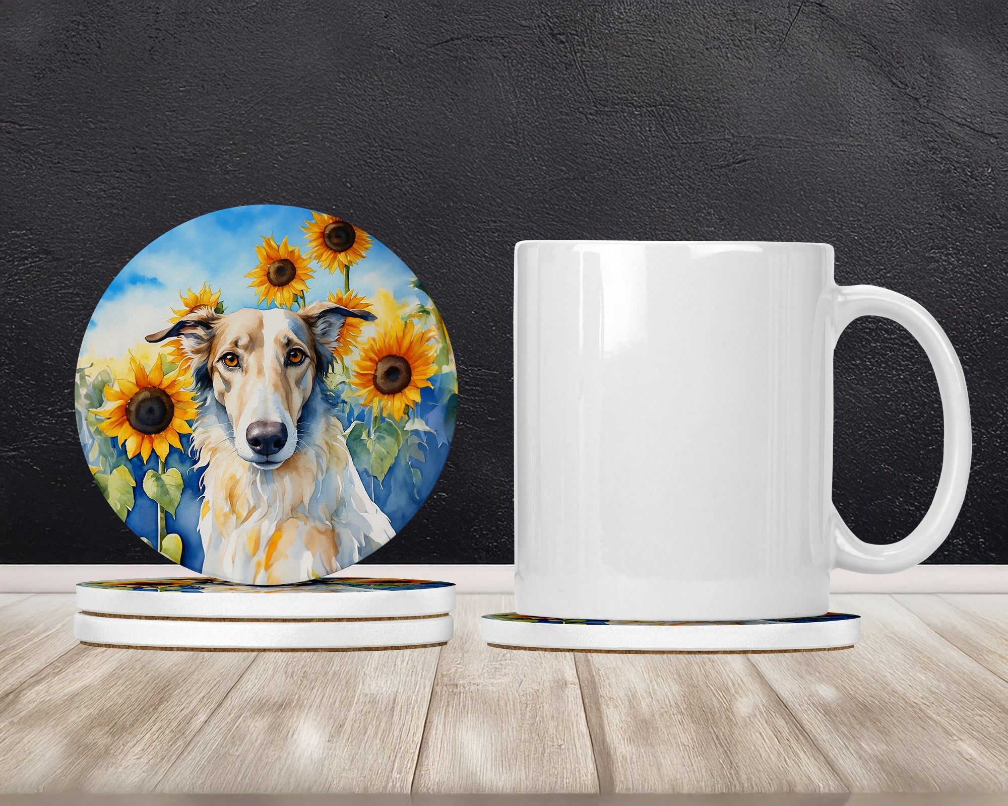 Borzoi in Sunflowers Large Sandstone Coasters Pack of 4 Absorbent Round Coasters Decor Gifts for Men or Women, 4 in, Multicolor