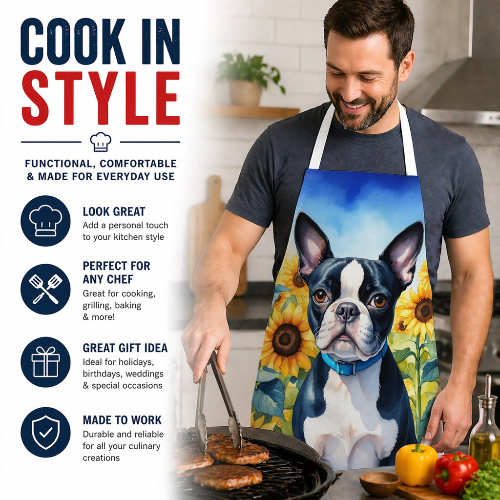 Boston Terrier in Sunflowers Apron Cooking Kitchen Server Baking Crafts Gardening for Adult Women Men, Unisex, Large, Multicolor