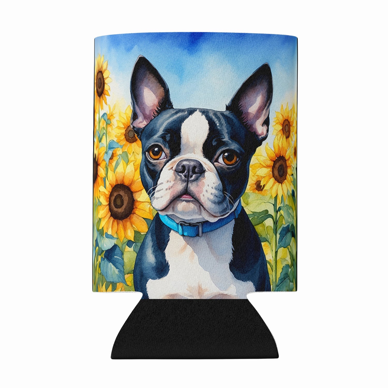 Boston Terrier in Sunflowers Can or Bottle Hugger Cooler Sleeve for Standard 12 oz Cans, Insulated Foam Beer & Soda Can Hugger Reusable