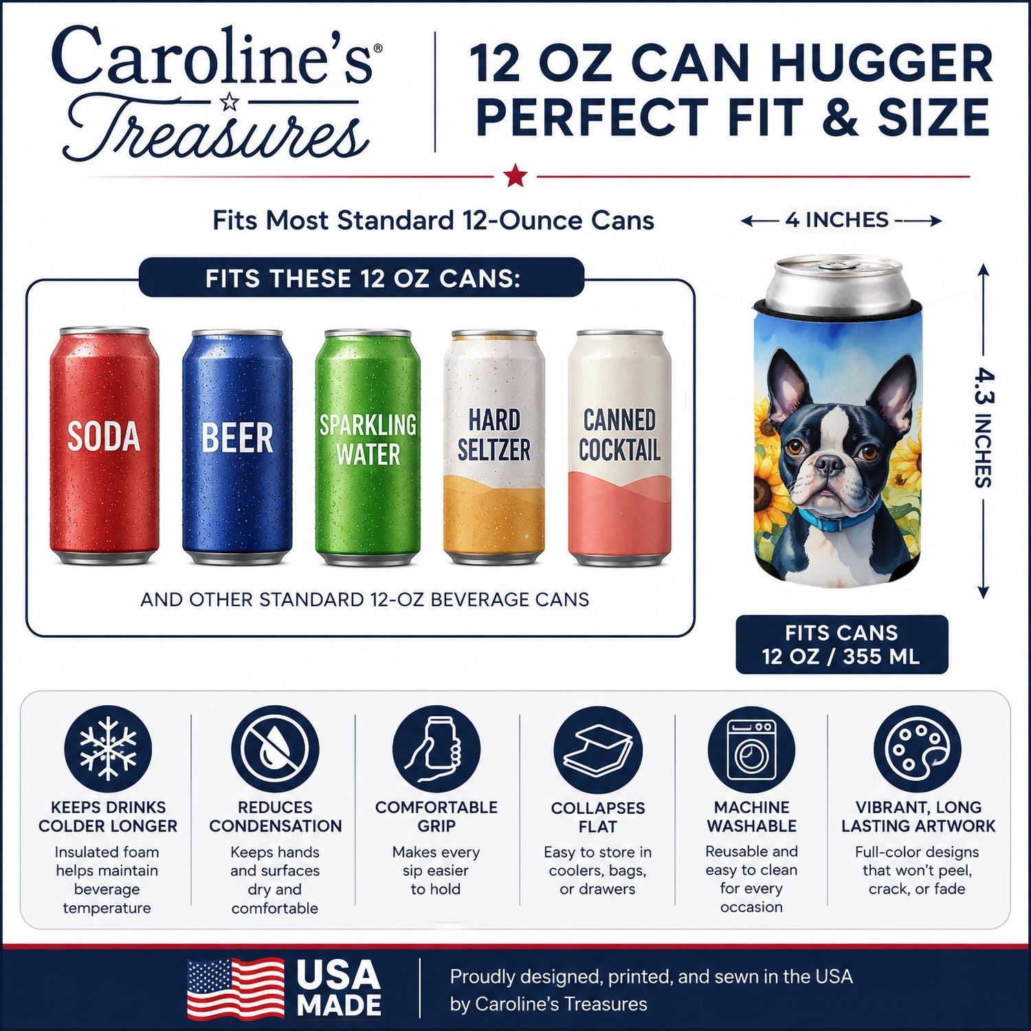 Boston Terrier in Sunflowers Can or Bottle Hugger Cooler Sleeve for Standard 12 oz Cans, Insulated Foam Beer & Soda Can Hugger Reusable