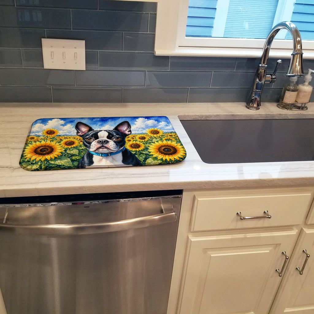 Boston Terrier in Sunflowers Dish Drying Mat Absorbent Dish Drying Mat Pad for Kitchen Counter Dish Drainer Mat for Countertop, 14 x 21", Multicolor
