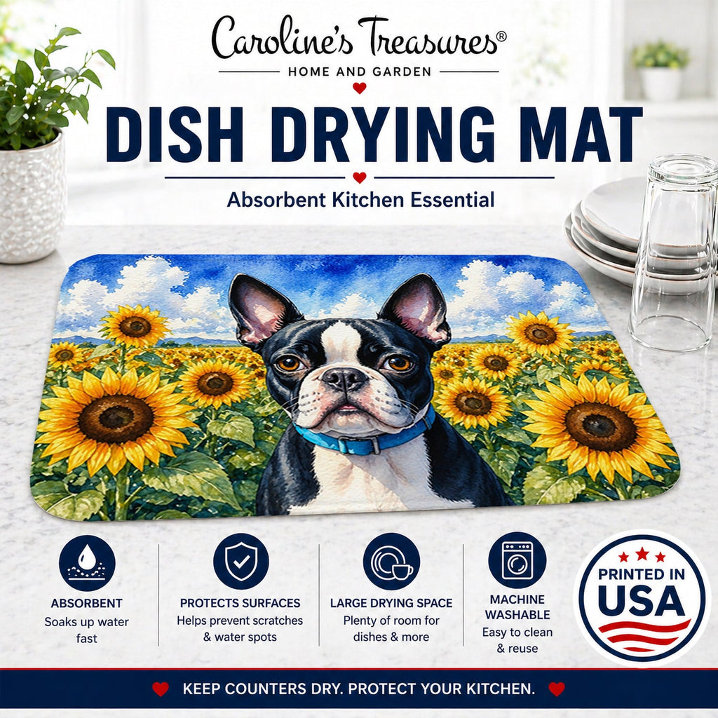 Boston Terrier in Sunflowers Dish Drying Mat Absorbent Dish Drying Mat Pad for Kitchen Counter Dish Drainer Mat for Countertop, 14 x 21", Multicolor