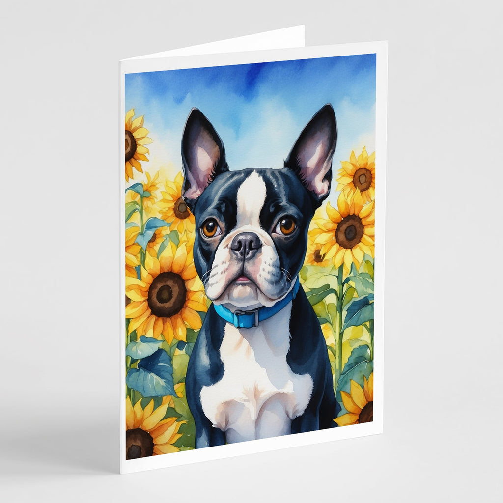 Boston Terrier in Sunflowers Greeting Cards Pack of 8 Blank Cards with Envelopes Whimsical A7 Size 5x7