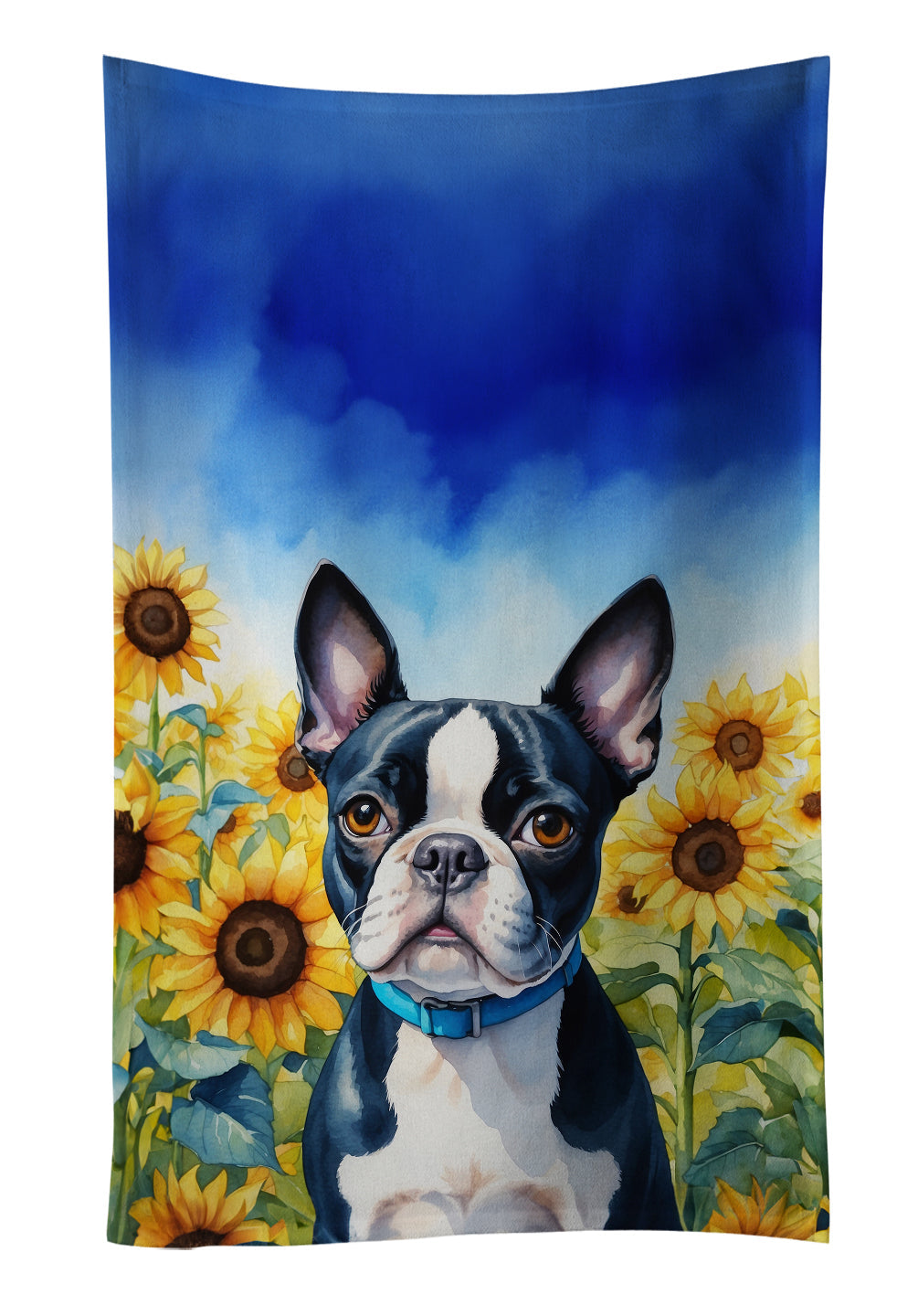 Boston Terrier in Sunflowers Kitchen Towel Velour Plush Front and Cotton Loop Back Machine Washable