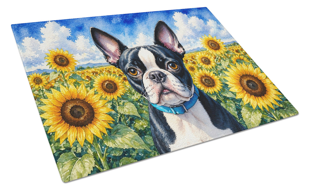 Boston Terrier in Sunflowers Cutting Board Tempered Glass Kitchen Cutting Surface, Heat Resistant Chopping Board with Non-Slip Feet, Decorative Food Prep & Serving