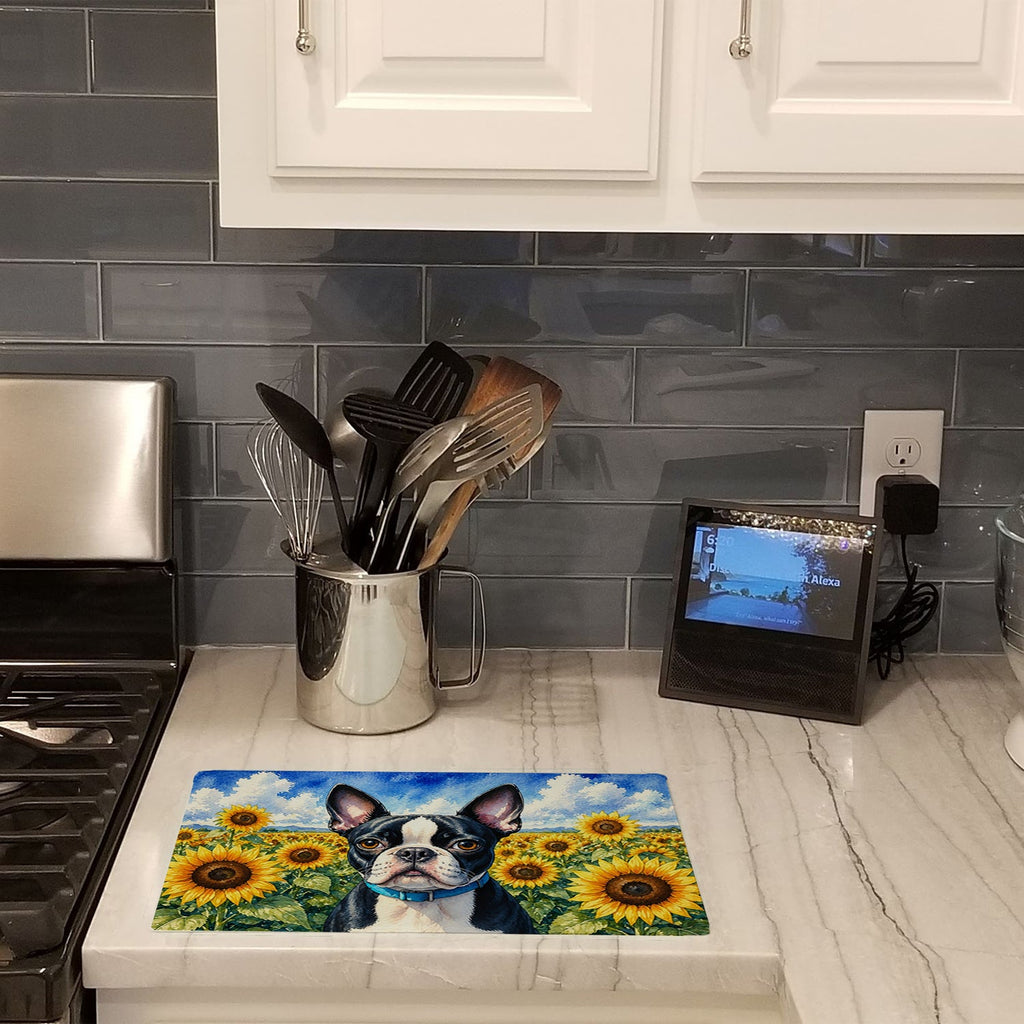 Boston Terrier in Sunflowers Cutting Board Tempered Glass Kitchen Cutting Surface, Heat Resistant Chopping Board with Non-Slip Feet, Decorative Food Prep & Serving