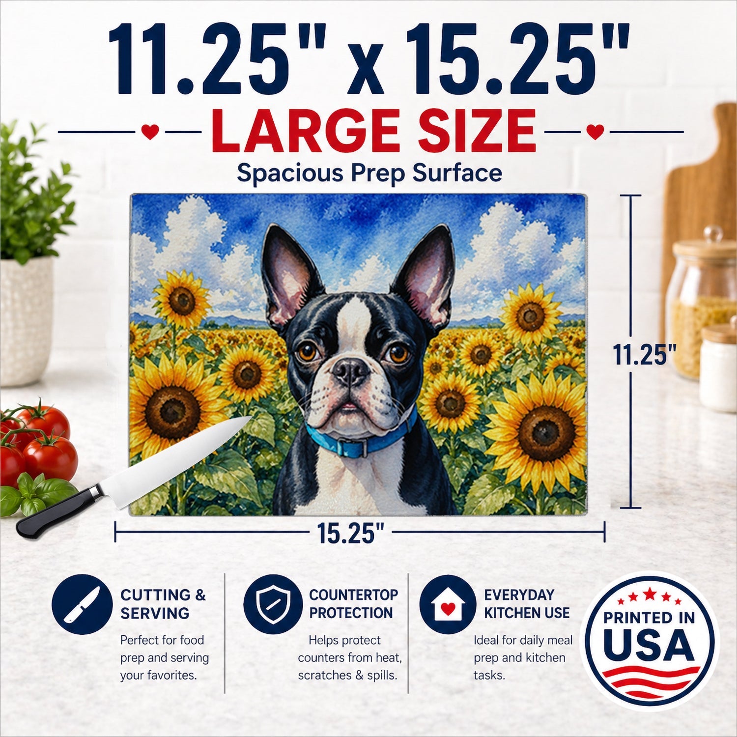 Boston Terrier in Sunflowers Cutting Board Tempered Glass Kitchen Cutting Surface, Heat Resistant Chopping Board with Non-Slip Feet, Decorative Food Prep & Serving