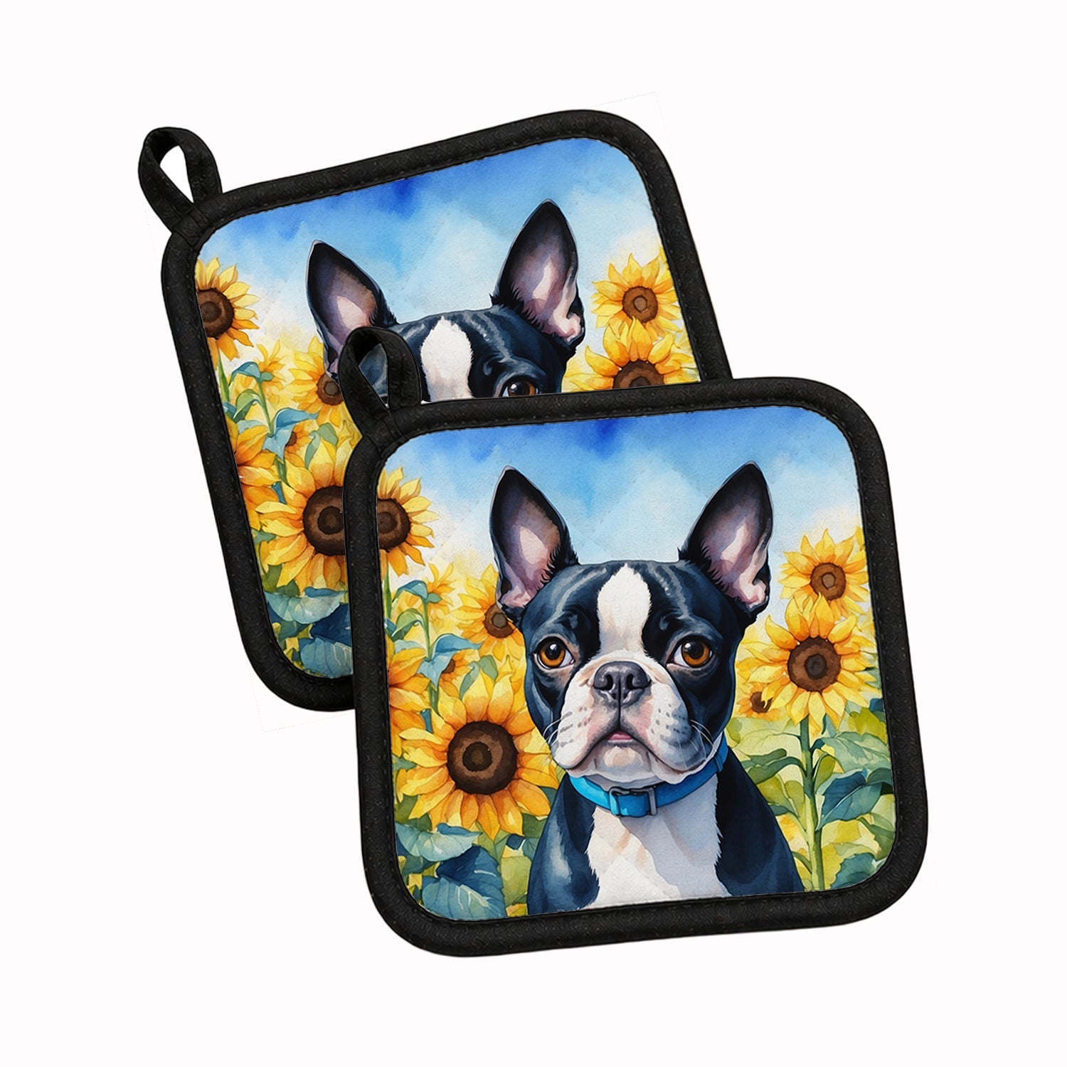 Boston Terrier in Sunflowers Pot Holder Set of 2 Heat Resistant Quilted Hot Pads 7.5 x 7.5 Inch, Insulated Kitchen Trivets for Cooking & Baking