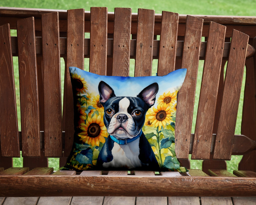 Boston Terrier in Sunflowers Decorative Throw Pillow 14x14 Indoor Outdoor Accent Cushion, Fabric Cover with Insert for Sofa, Bed, Porch & Living Room
