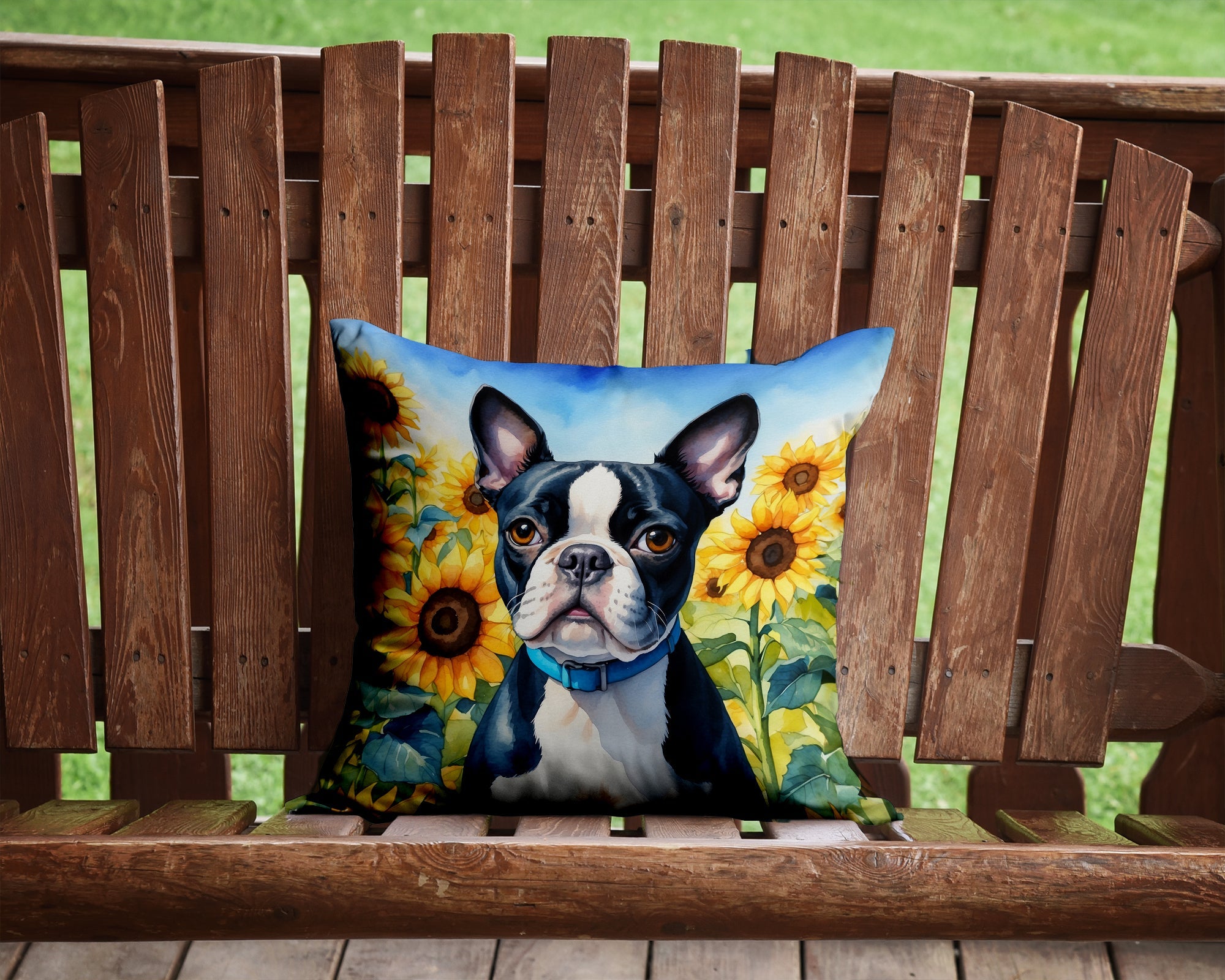 Boston Terrier in Sunflowers Decorative Throw Pillow 14x14 Indoor Outdoor Accent Cushion, Fabric Cover with Insert for Sofa, Bed, Porch & Living Room