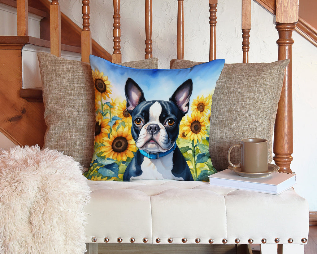 Boston Terrier in Sunflowers Decorative Throw Pillow 14x14 Indoor Outdoor Accent Cushion, Fabric Cover with Insert for Sofa, Bed, Porch & Living Room