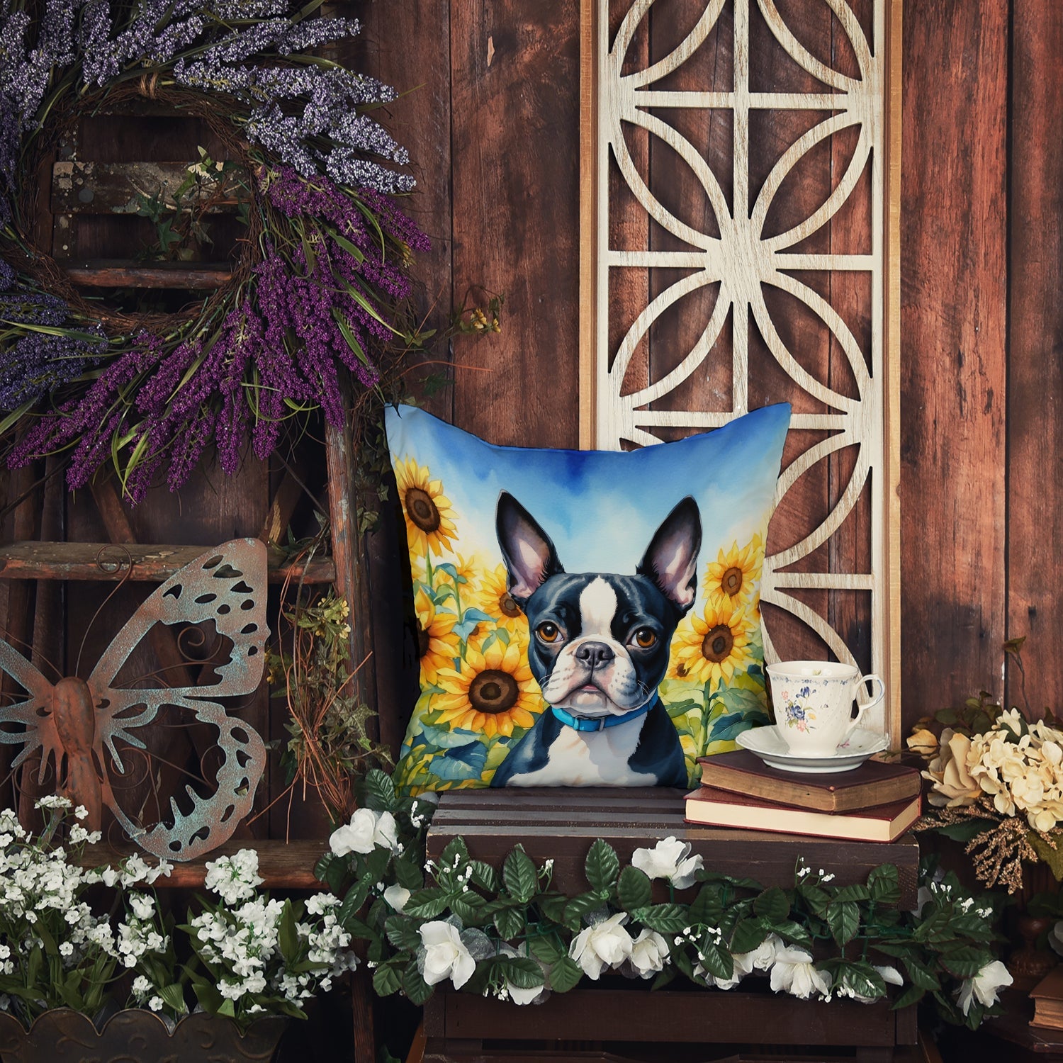 Boston Terrier in Sunflowers Decorative Throw Pillow 14x14 Indoor Outdoor Accent Cushion, Fabric Cover with Insert for Sofa, Bed, Porch & Living Room