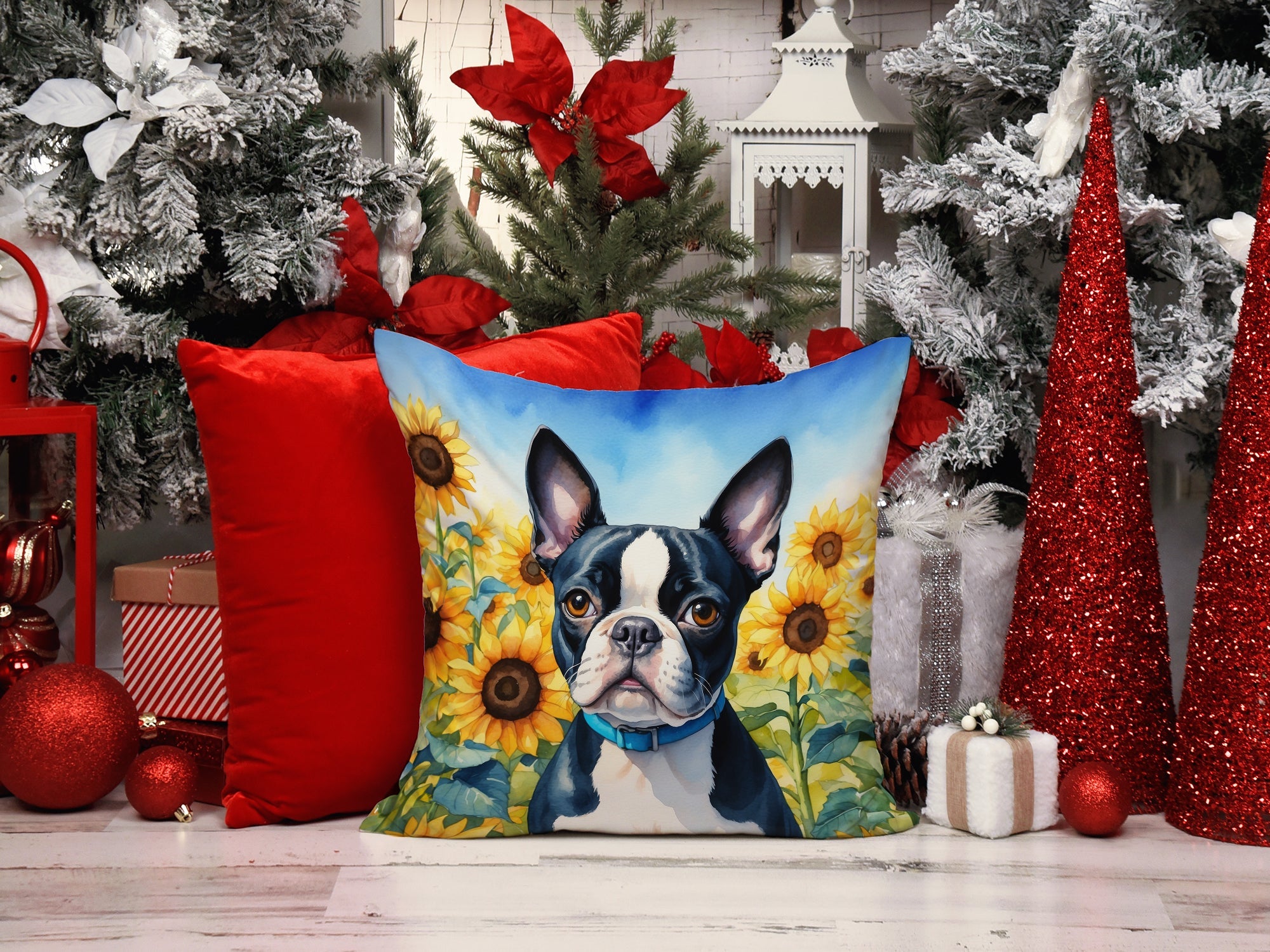 Boston Terrier in Sunflowers Decorative Throw Pillow 14x14 Indoor Outdoor Accent Cushion, Fabric Cover with Insert for Sofa, Bed, Porch & Living Room