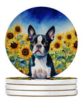 Boston Terrier in Sunflowers Large Sandstone Coasters Pack of 4 Absorbent Round Coasters Decor Gifts for Men or Women, 4 in, Multicolor