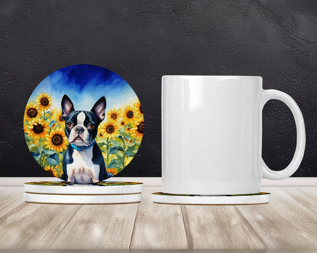 Boston Terrier in Sunflowers Large Sandstone Coasters Pack of 4 Absorbent Round Coasters Decor Gifts for Men or Women, 4 in, Multicolor