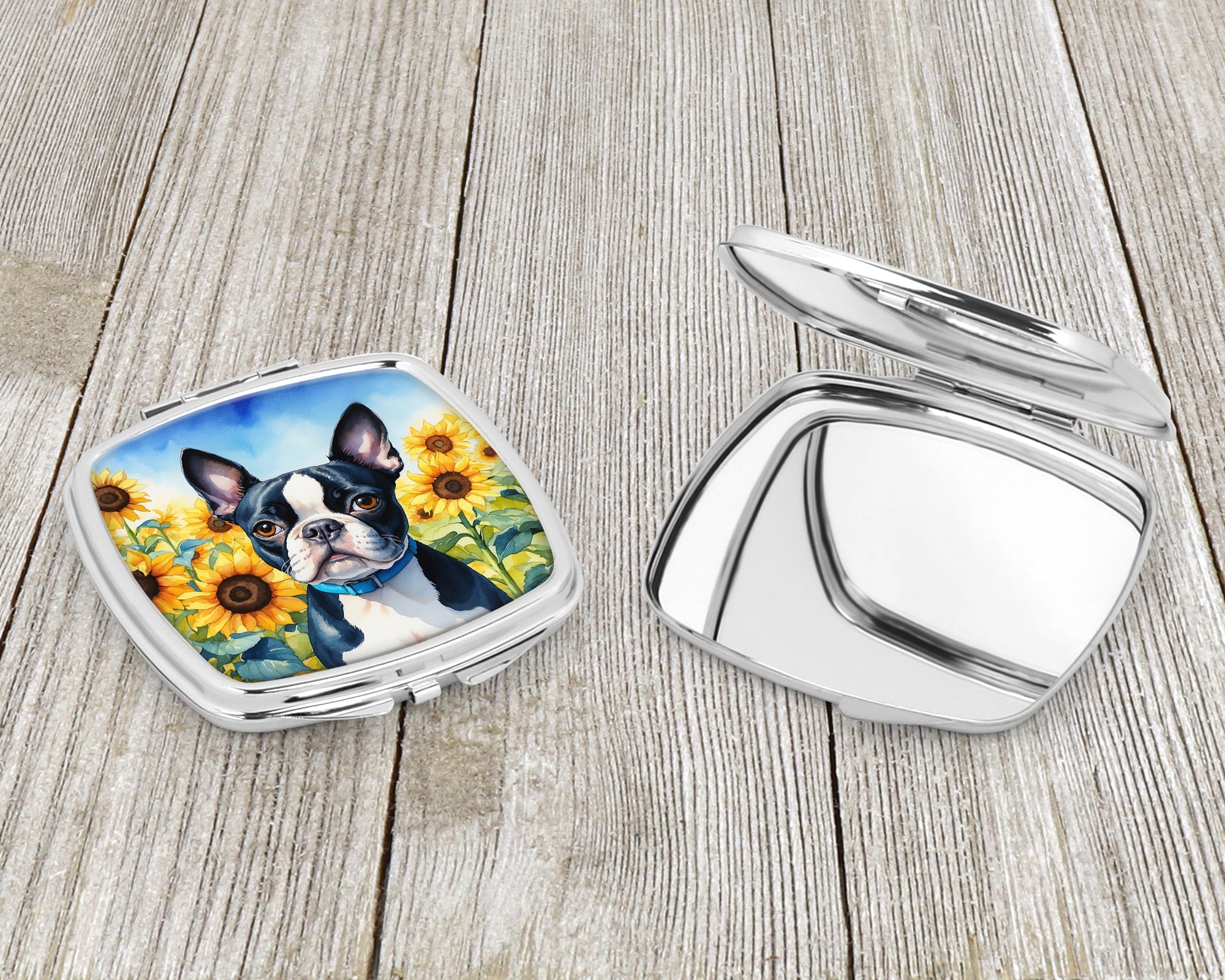 Boston Terrier in Sunflowers Compact Mirror Decorative Travel Makeup Mirror for Women Girls Gifts Pocket Makeup Mirror Folding Handheld