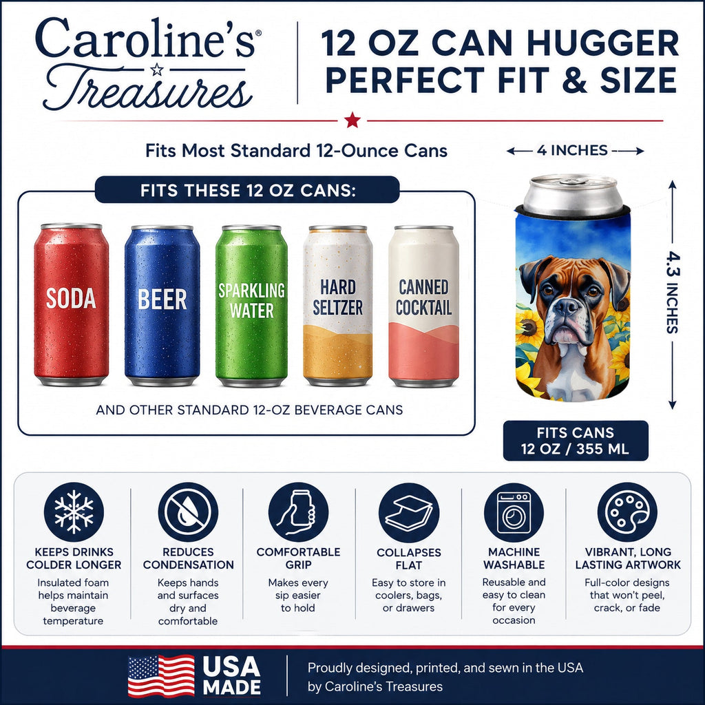 Boxer in Sunflowers Can or Bottle Hugger Cooler Sleeve for Standard 12 oz Cans, Insulated Foam Beer & Soda Can Hugger Reusable