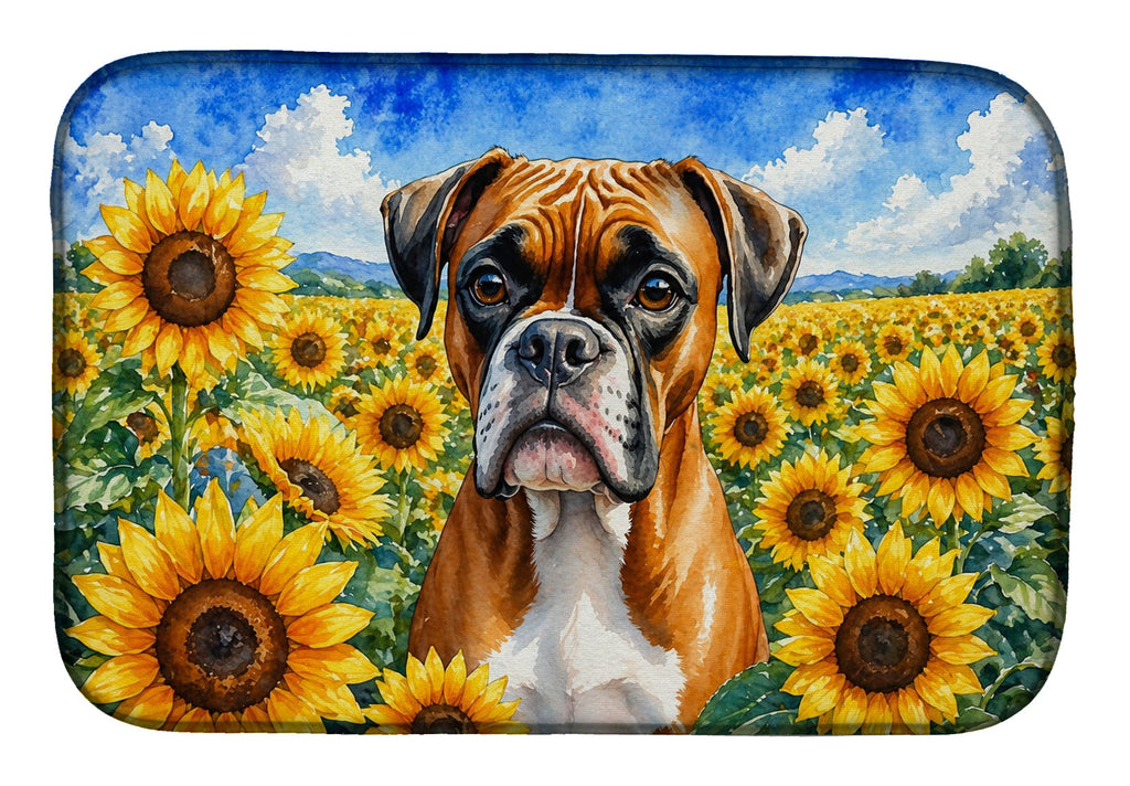 Boxer in Sunflowers Dish Drying Mat Absorbent Dish Drying Mat Pad for Kitchen Counter Dish Drainer Mat for Countertop, 14 x 21", Multicolor