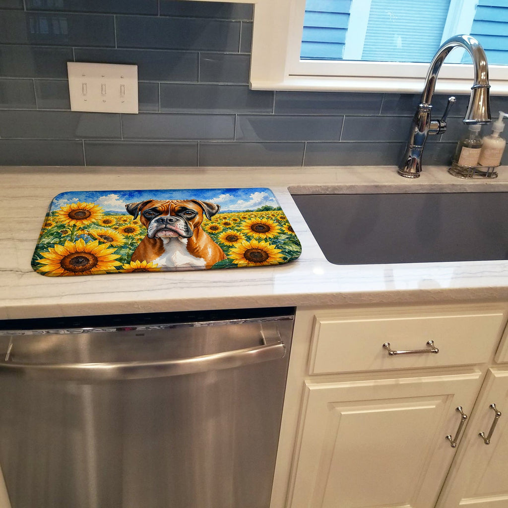Boxer in Sunflowers Dish Drying Mat Absorbent Dish Drying Mat Pad for Kitchen Counter Dish Drainer Mat for Countertop, 14 x 21", Multicolor