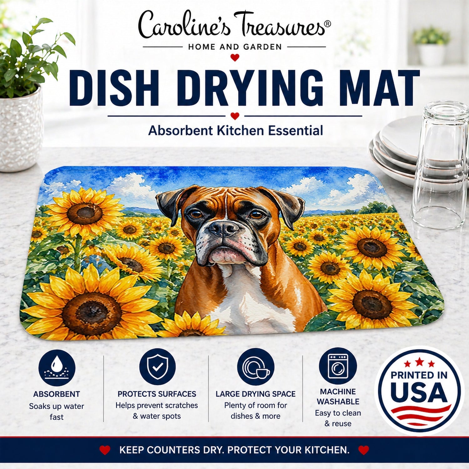 Boxer in Sunflowers Dish Drying Mat Absorbent Dish Drying Mat Pad for Kitchen Counter Dish Drainer Mat for Countertop, 14 x 21", Multicolor