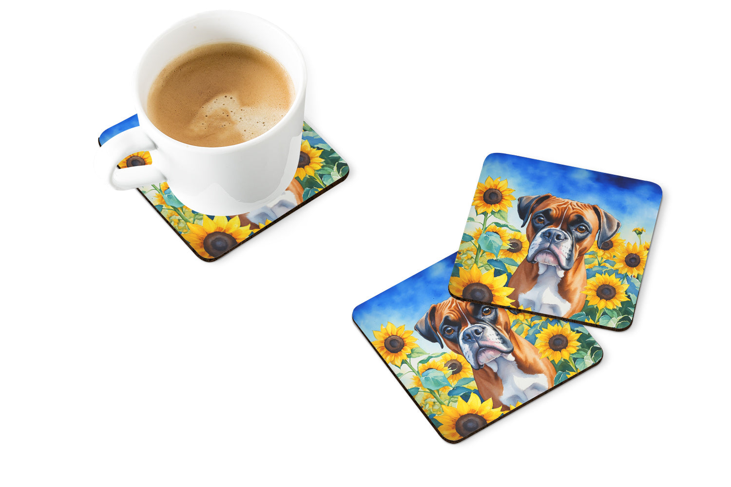Boxer in Sunflowers Foam Coasters Set of 4 Cup Coasters for Indoor Outdoor, Tabletop Protection, Anti Slip, Mouse pad Material