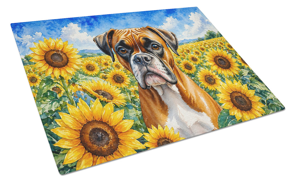 Boxer in Sunflowers Cutting Board Tempered Glass Kitchen Cutting Surface, Heat Resistant Chopping Board with Non-Slip Feet, Decorative Food Prep & Serving