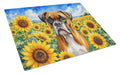 Boxer in Sunflowers Cutting Board Tempered Glass Kitchen Cutting Surface, Heat Resistant Chopping Board with Non-Slip Feet, Decorative Food Prep & Serving
