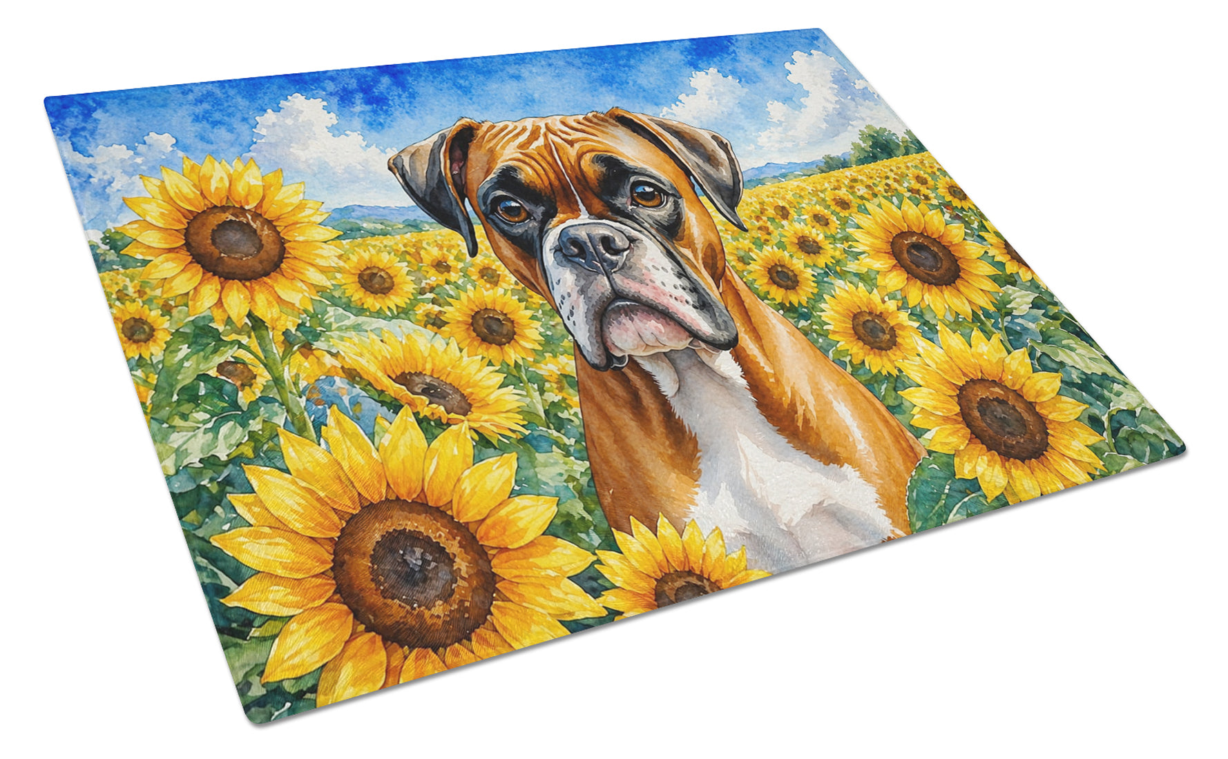 Boxer in Sunflowers Cutting Board Tempered Glass Kitchen Cutting Surface, Heat Resistant Chopping Board with Non-Slip Feet, Decorative Food Prep & Serving