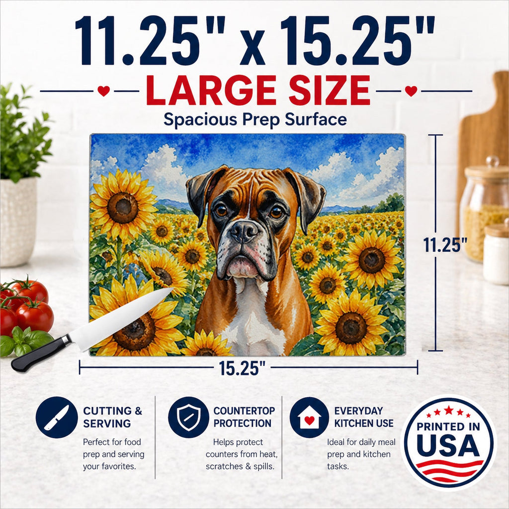 Boxer in Sunflowers Cutting Board Tempered Glass Kitchen Cutting Surface, Heat Resistant Chopping Board with Non-Slip Feet, Decorative Food Prep & Serving