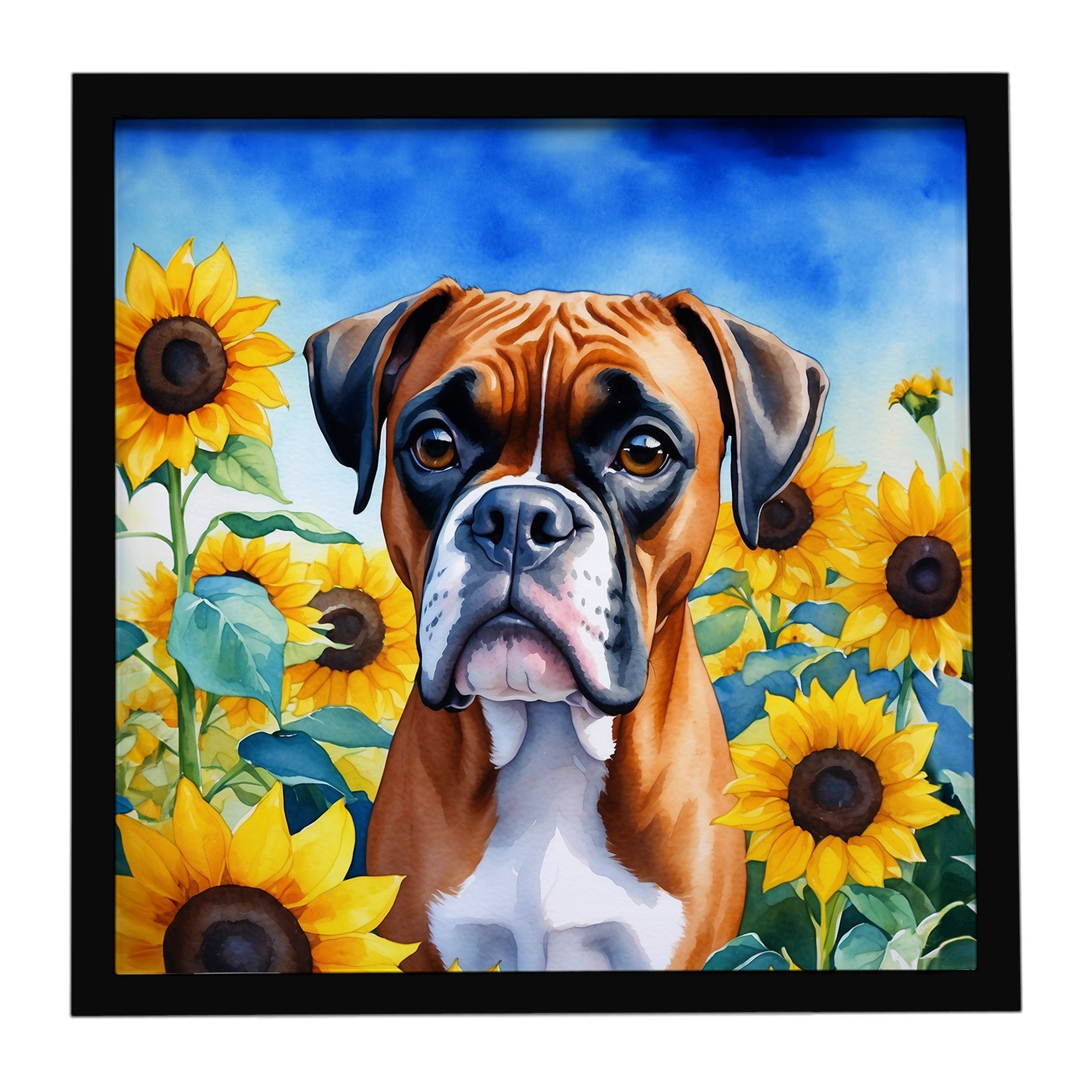 Boxer in Sunflowers Framed Metal Print Bathroom, Kitchen, Office, Home Decor Wall Art Ready to Hang, Square, 8X8