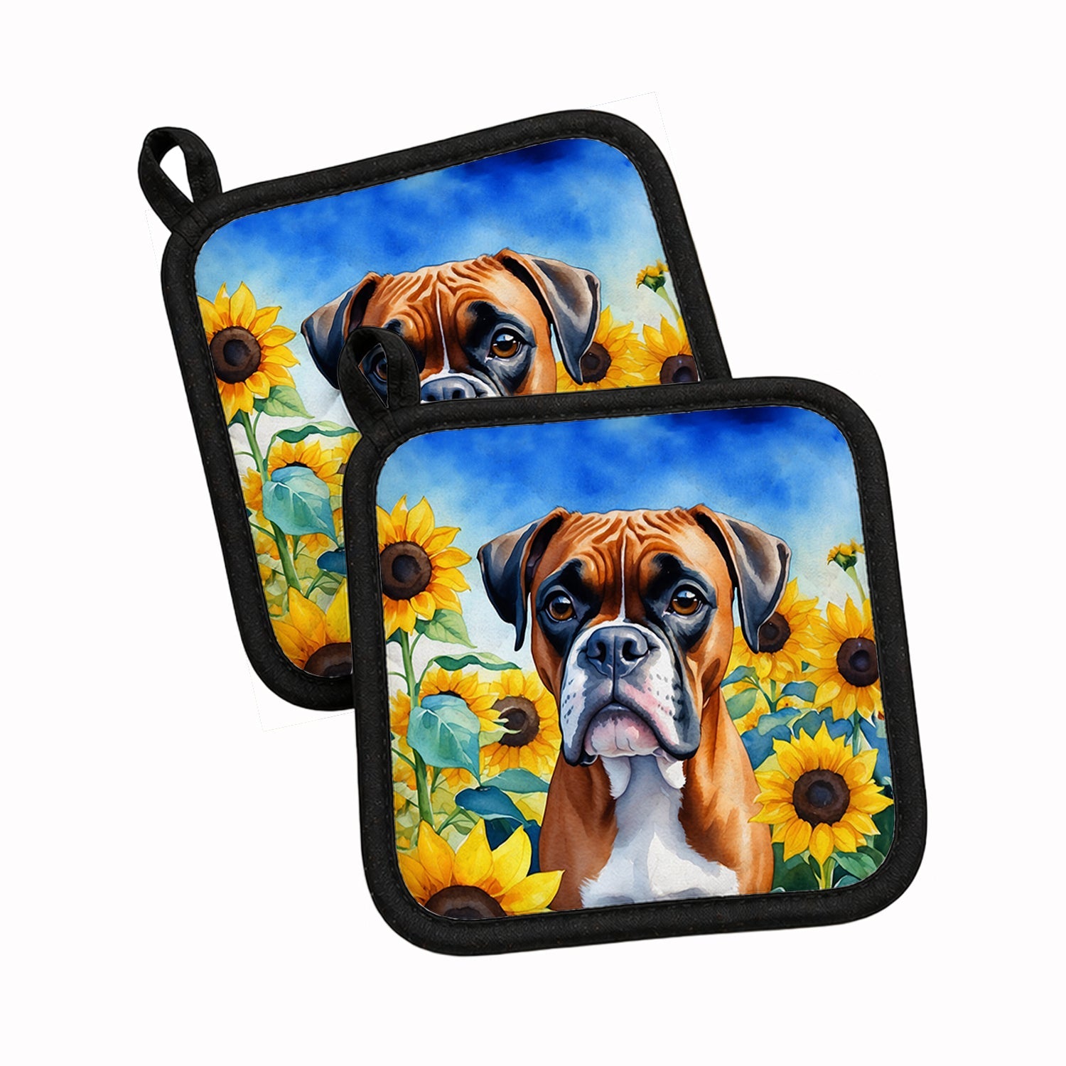 Boxer in Sunflowers Pot Holder Set of 2 Heat Resistant Quilted Hot Pads 7.5 x 7.5 Inch, Insulated Kitchen Trivets for Cooking & Baking