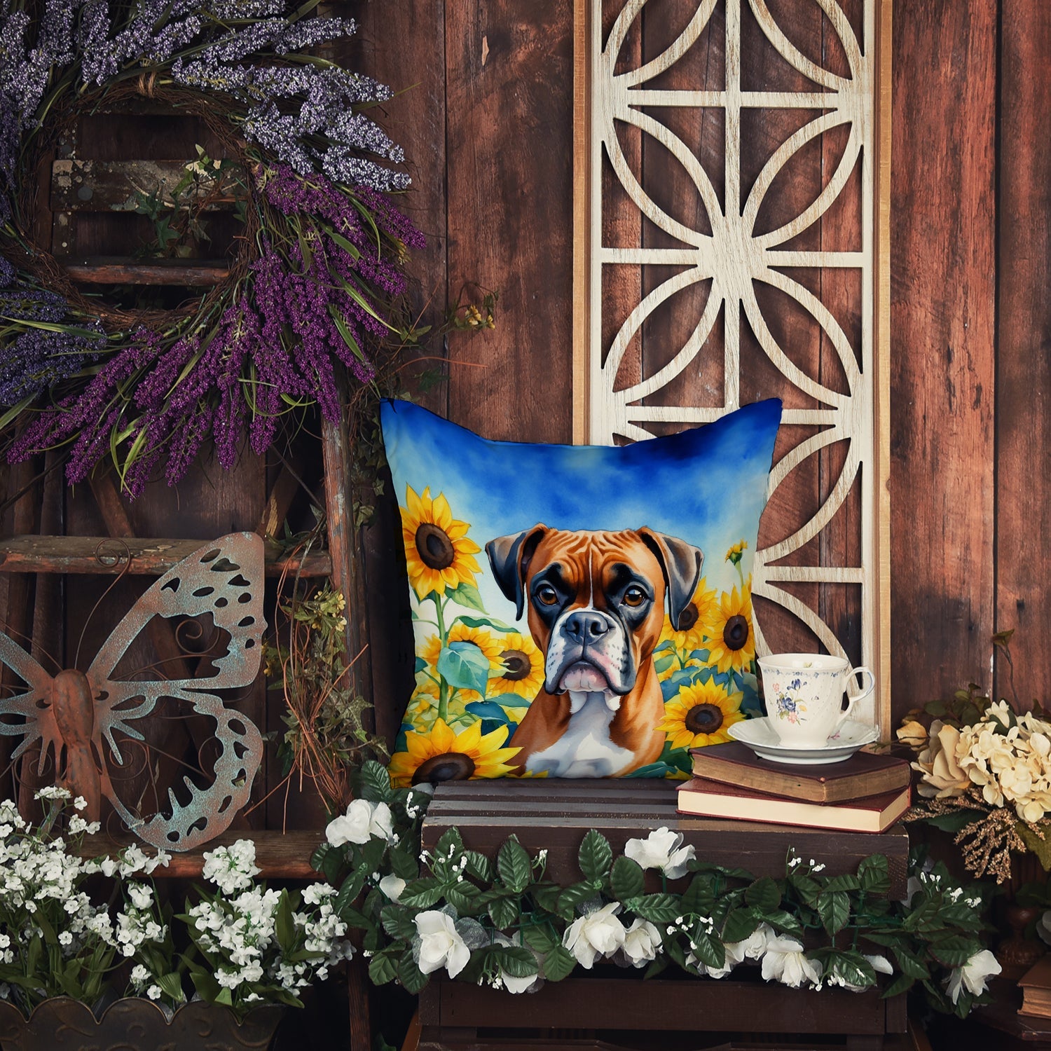 Boxer in Sunflowers Decorative Throw Pillow 14x14 Indoor Outdoor Accent Cushion, Fabric Cover with Insert for Sofa, Bed, Porch & Living Room