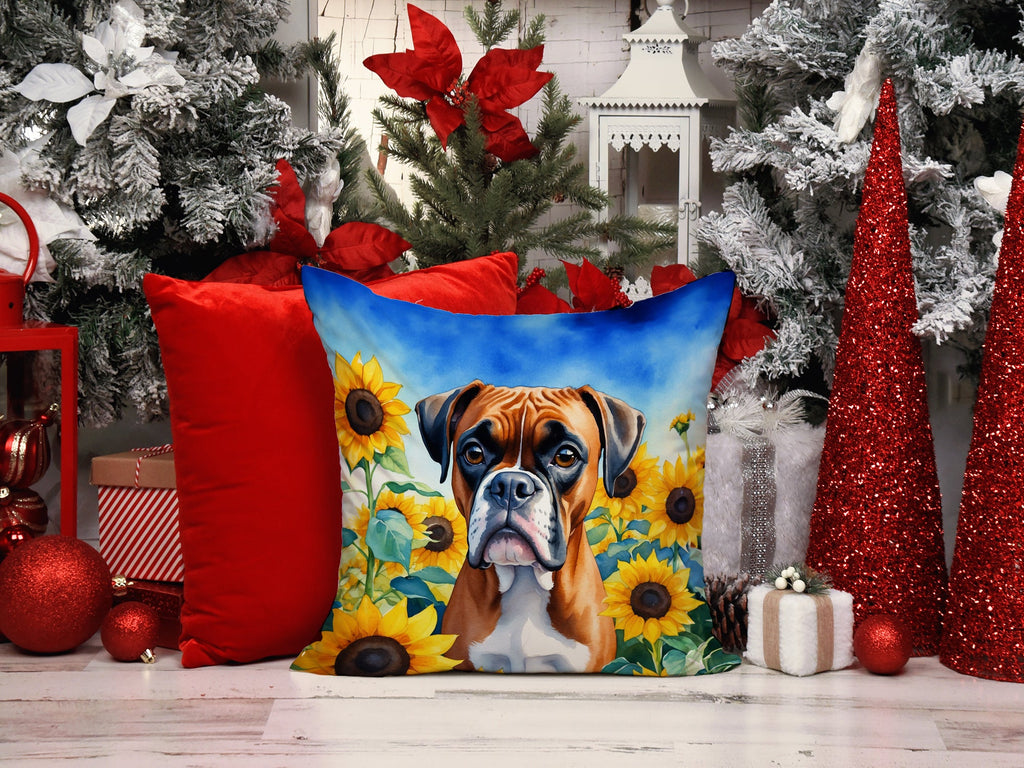 Boxer in Sunflowers Decorative Throw Pillow 14x14 Indoor Outdoor Accent Cushion, Fabric Cover with Insert for Sofa, Bed, Porch & Living Room