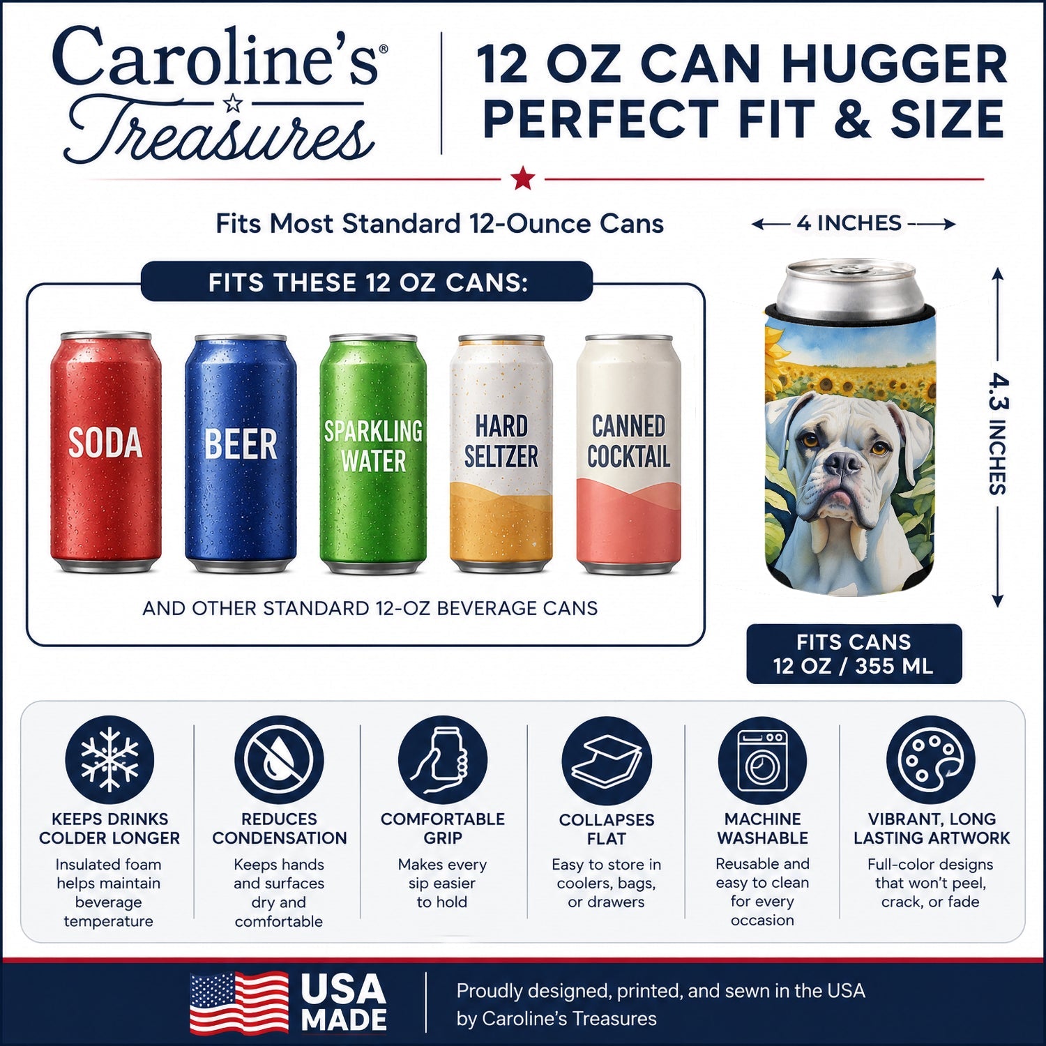 Boxer in Sunflowers Can or Bottle Hugger Cooler Sleeve for Standard 12 oz Cans, Insulated Foam Beer & Soda Can Hugger Reusable