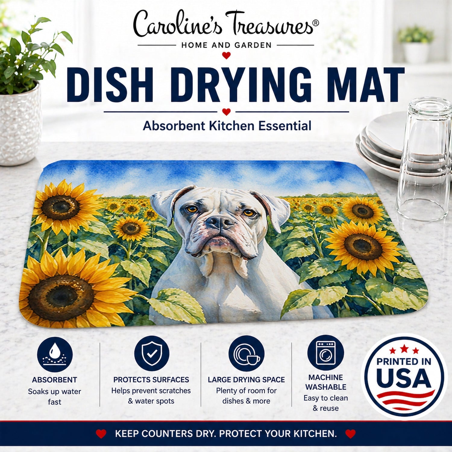 Boxer in Sunflowers Dish Drying Mat Absorbent Dish Drying Mat Pad for Kitchen Counter Dish Drainer Mat for Countertop, 14 x 21", Multicolor