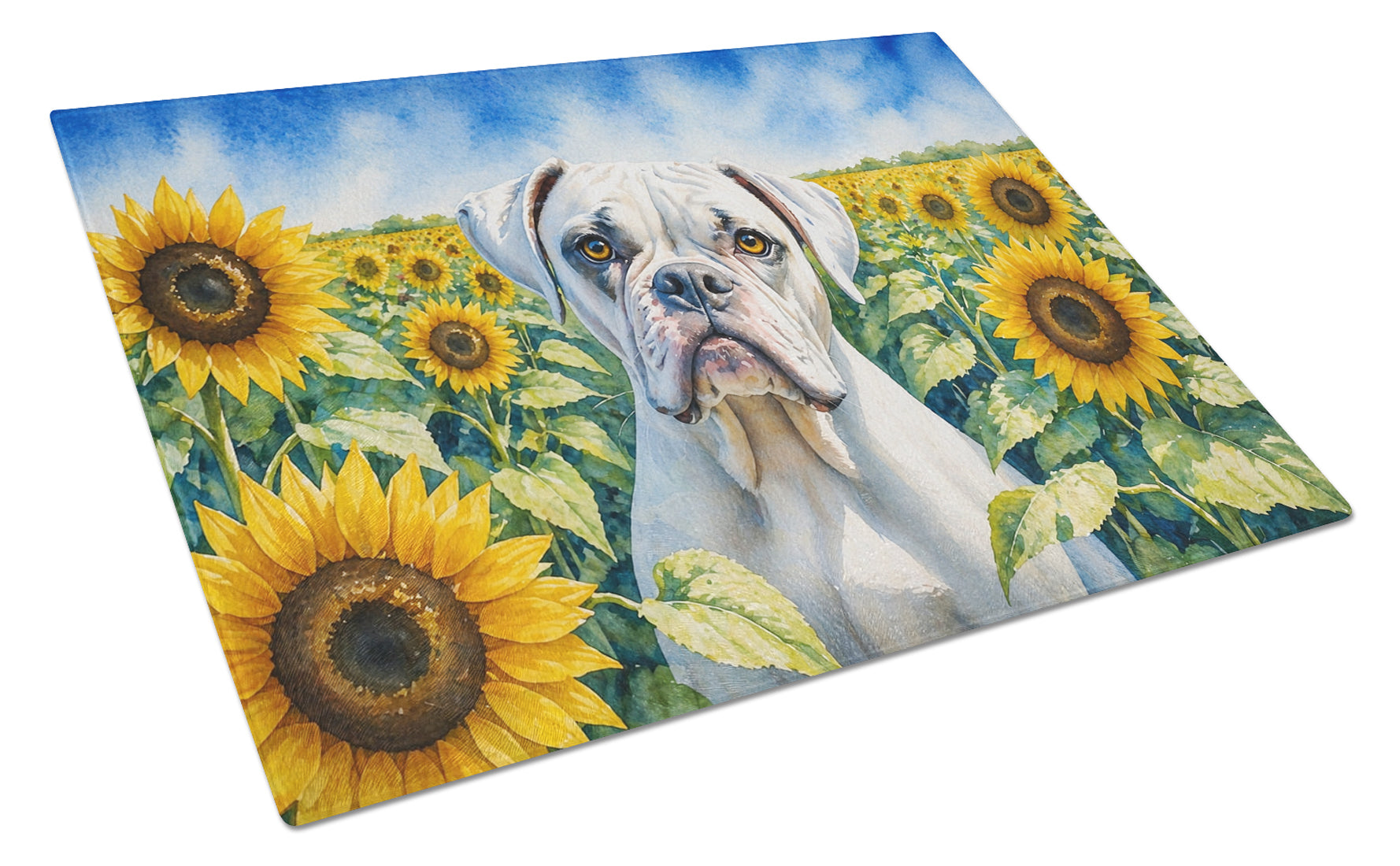 Boxer in Sunflowers Cutting Board Tempered Glass Kitchen Cutting Surface, Heat Resistant Chopping Board with Non-Slip Feet, Decorative Food Prep & Serving
