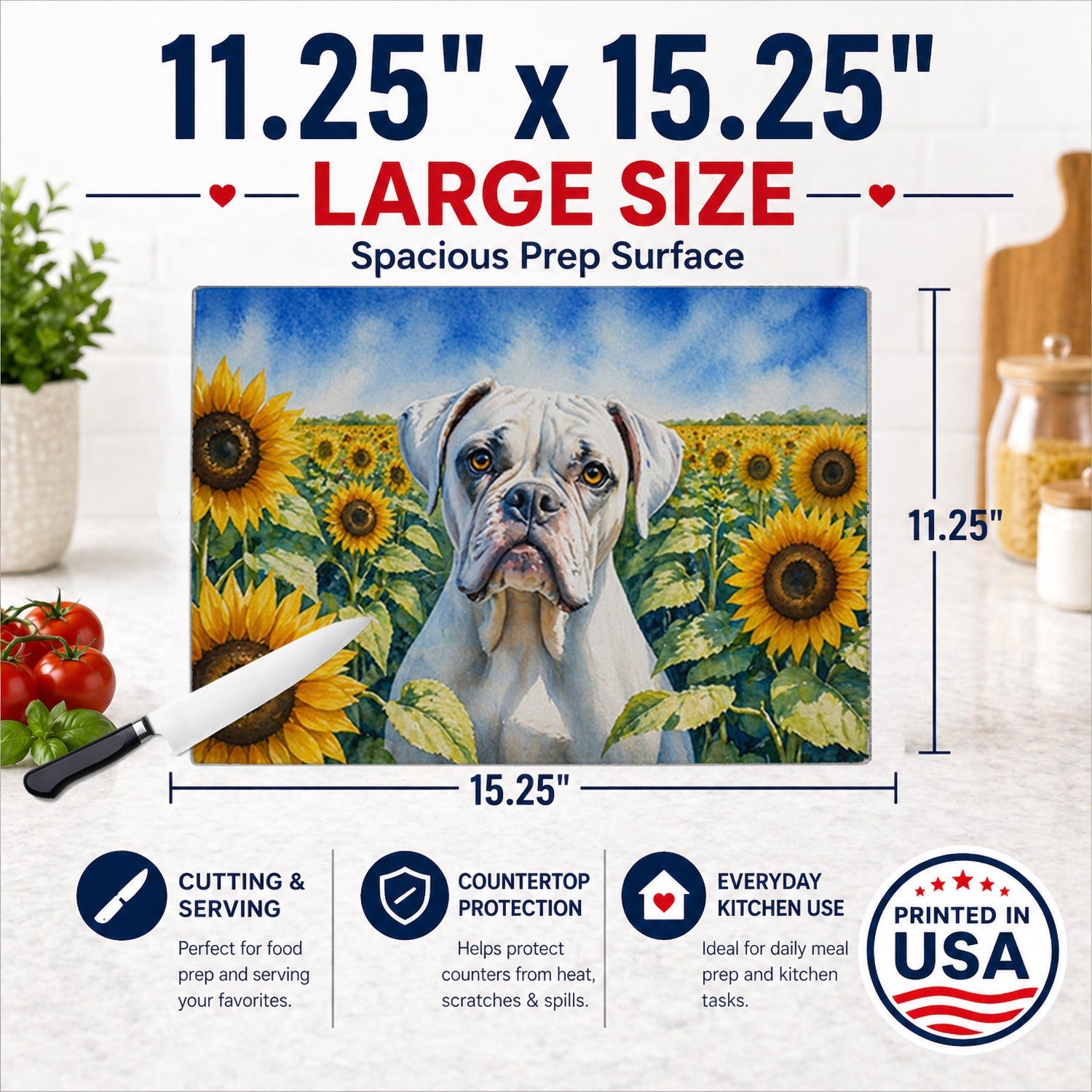 Boxer in Sunflowers Cutting Board Tempered Glass Kitchen Cutting Surface, Heat Resistant Chopping Board with Non-Slip Feet, Decorative Food Prep & Serving